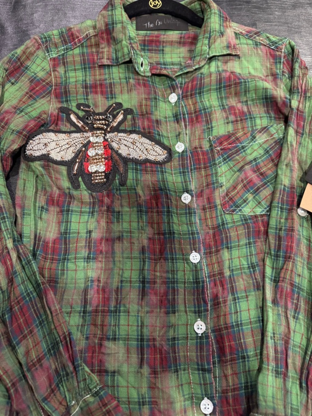 Nu Vintage Bee Embellished Green & Red Plaid Shirt Dress,  Small Cotton USA